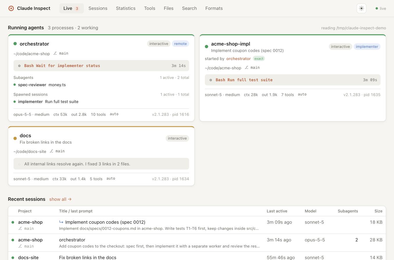 Live dashboard with running agents, subagents and a spawned worker session