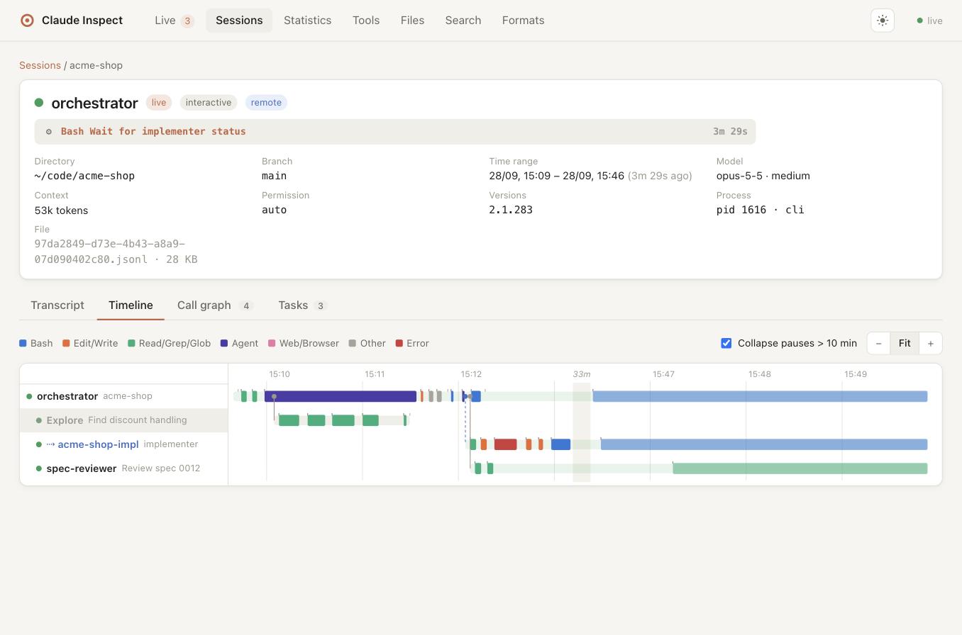 Timeline of an orchestrator with subagents and a spawned worker session