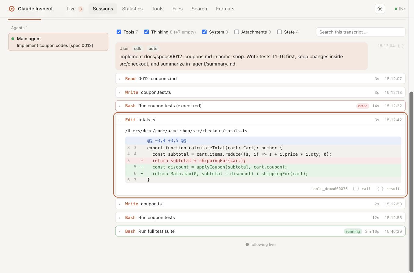 Transcript viewer with an Edit tool call shown as diff