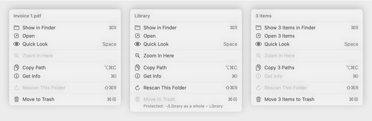 Context menus for a file, a protected folder and a multi-selection