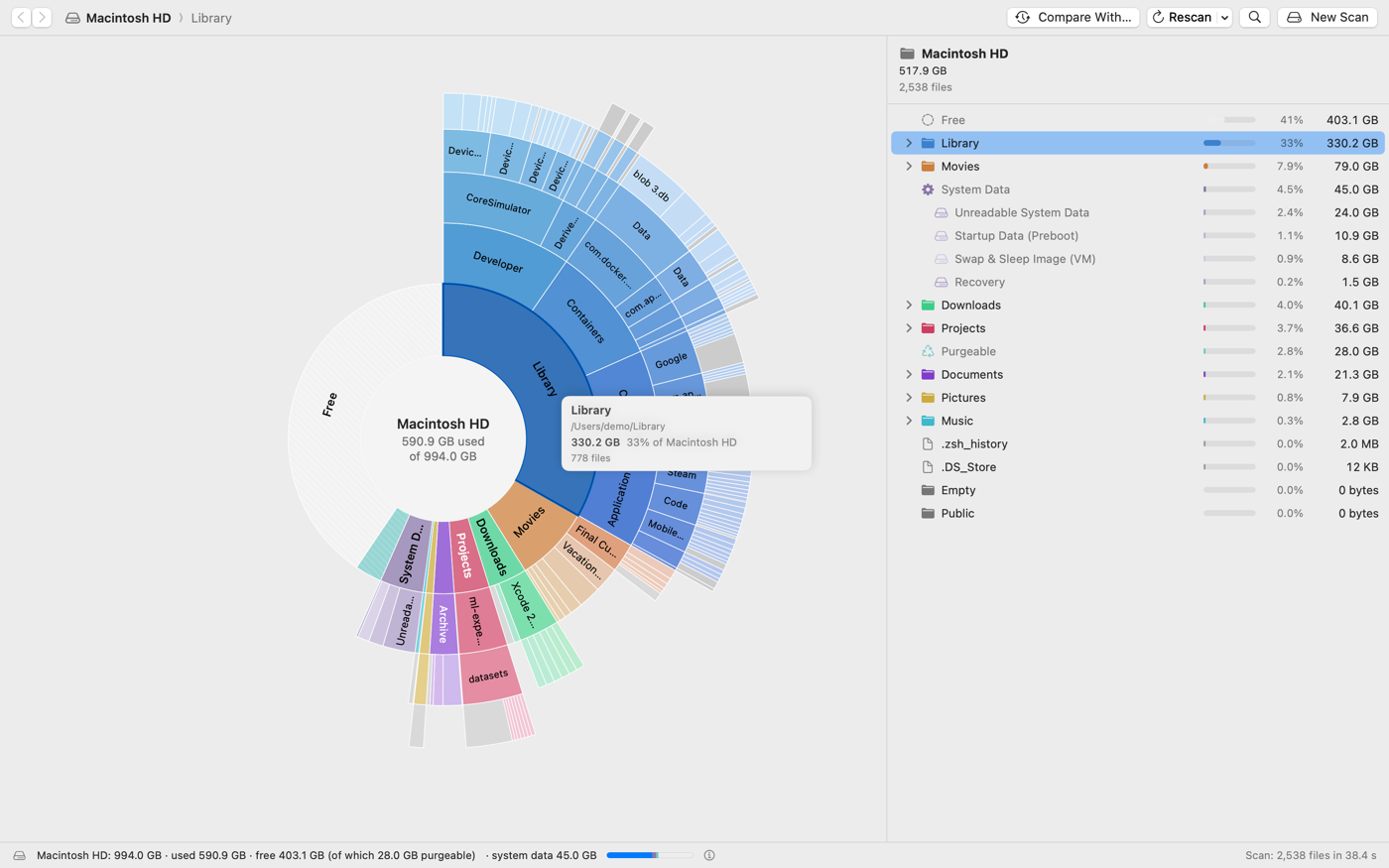 DiskRings showing a sunburst chart of a disk next to a folder list