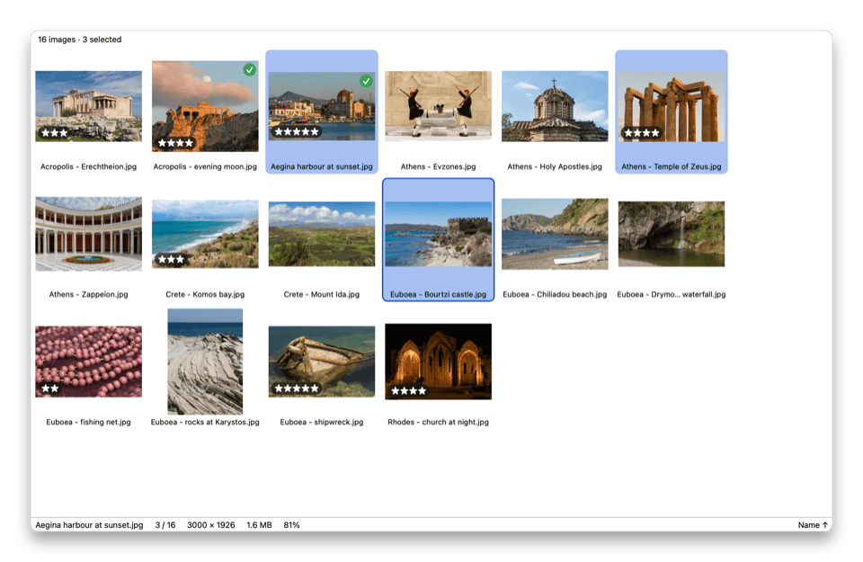 Grid view of the folder with three images selected and their ratings