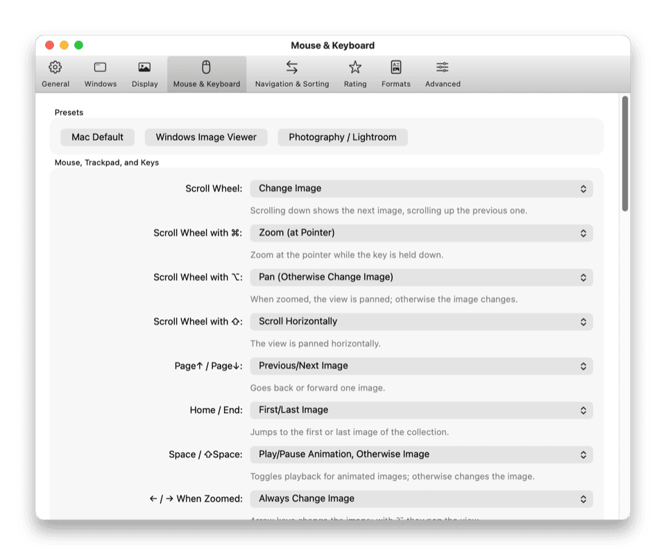 Settings, Mouse and Keyboard: every action with its shortcuts